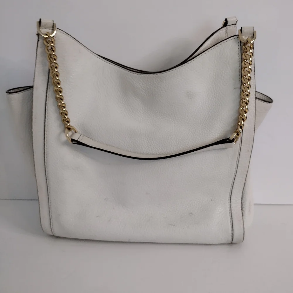 Michael Kors Newbury Leather Shoulder Bag Gold Chain Handles Off White - Picture 4 of 10